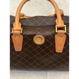 Rioni Monogrammed Brown Leather Trim Satchel Handbag Womens Luxury Designer